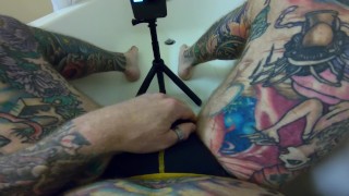 Inked Daddy Bear Stroking and Pissing in Hotel