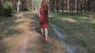 Playful Redhead Pissing in Forest and Showing her Big Boobs