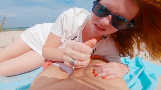 Risky Ginger Redhead Public Beach Flashing and Blowjob with Huge Cumshot