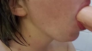 Bbw gives sloppy blowjob in shower