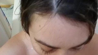 Bbw gives sloppy blowjob in shower