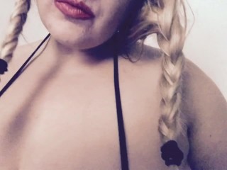 Blonde with big boobs teases with 2 dildos