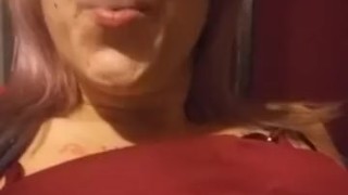 Girl in Glasses Playing with Big Boobs while Blowing Smoke