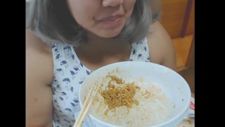 Cute feedee eats noodles for her feeder
