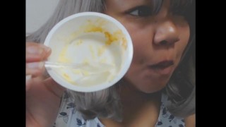 Happy feedee eating her dessert