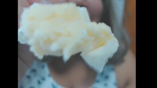 Happy feedee eating her dessert