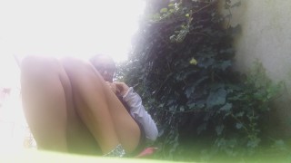 OUTDOOR! relax time in a public garden, without panty, and pee on the grass
