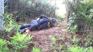 outdoors frogman in cleats attacks dummy