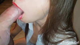 Wonderful blowjob from a hot wife and cum in her mouth