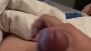 Shaved gay twink jerking off, moaning and cumming