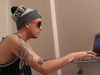 Hot tattooed guy jerking his young cock off in the shower to MILF porn