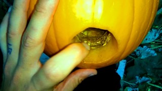 Twink is fucking a pumpkin and eating own creampie in the garden