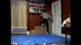 black tights & mask with crop top humping air pillow 1990's VHS quality