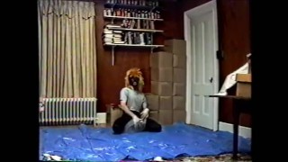 black tights & mask with crop top humping air pillow 1990's VHS quality