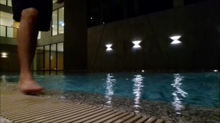 Teen after a workout in the gym and pool, jerking off his cock in a public sauna