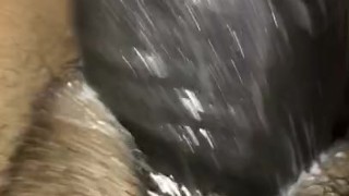 Close-Up Ebony Shoving 9” Dildo in Hairy Pussy