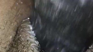 Close-Up Ebony Shoving 9” Dildo in Hairy Pussy