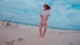 Risky Public Beach Pussy Flashing & Blowjob Cumshot | Redhead White Dress