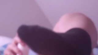 Horny blonde plays with toys w/ panty gag