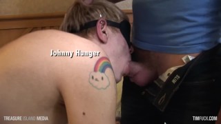 Blindfolded sex freak pummled in threesome