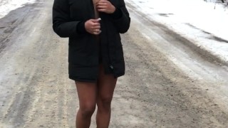 Flashing & peeing naked in the snow on the side of the road.