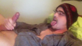 Guy Sticks His Long Tongue Out Before Cumming On His Face & Glasses!