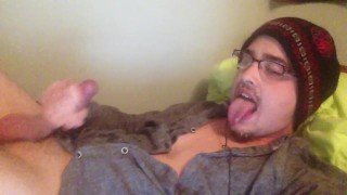 Guy Sticks His Long Tongue Out Before Cumming On His Face & Glasses!