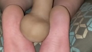 Beautiful young wife using huge dildo on vacation