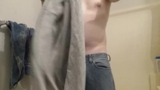 smooth twink-like male slut dries off after shower dresses begs 2 be fucked