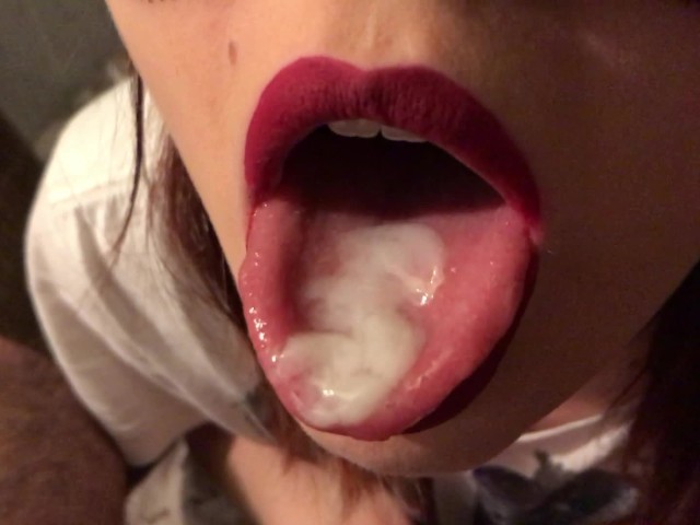 Teen Red Lipstick Closeup Blowjob, Cum on Tongue and Swallow 