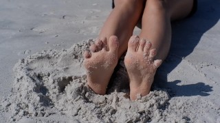 Hot Teen Foot Scrunching with Dirty Beach Feet