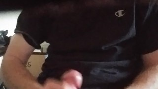 Jerking Off with Big Cumshot on Black shirt