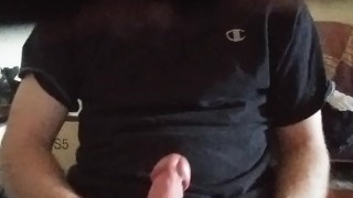 Jerking Off with Big Cumshot on Black shirt