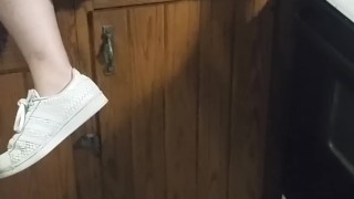 Teen cucumber masturbation in sorority kitchen after watching pornhub