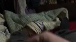 Solo fat male jerking off small dick in bed