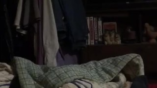 Solo fat male jerking off small dick in bed