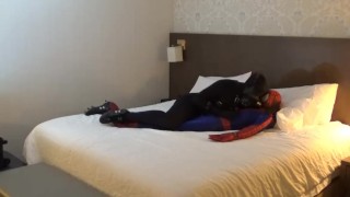 mindless moaning black sex drone playing with his spiderman dummy