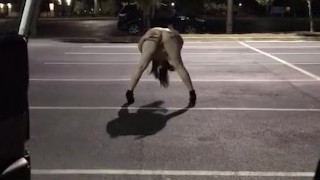 Slut wife completely nude flashing in a parking lot