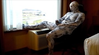 arachnaphobia zentai cums into black condom