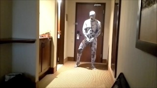 arachnaphobia zentai cums into black condom