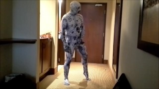 arachnaphobia zentai cums into black condom