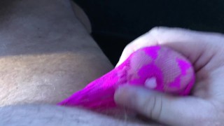 Cumshot (wank) on through a mesh Victoria Secrets thong