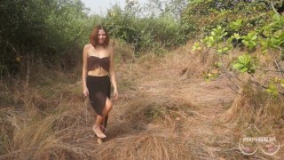 Amazing orgasm of pretty girl in the forest. Playing with big pussy lips.