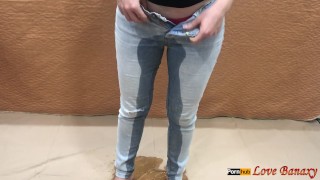 Piss in Jeans and Stuffing Wet Panties Inside Pussy, Masturbating