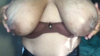 chubby college girl bounces saggy tits and massages with lotion