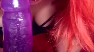 Chubby Redhead Gives Dildo Sloppy Blowjob
