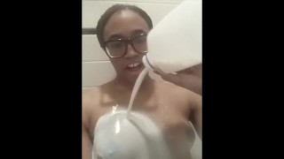 Tranny pours milk on herself