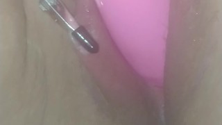 PAWG with pussy clamps cumming on her toy