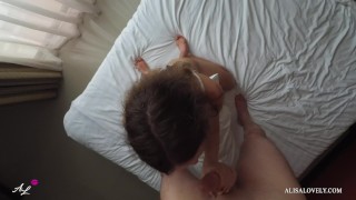 Girl with Perfect Ass Sucks Dick to Guy and Gets Double Cumshot in Mouth - Female POV