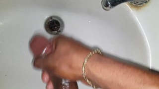 CAME IN THE SINK (milking my long nice cock in the sink.)